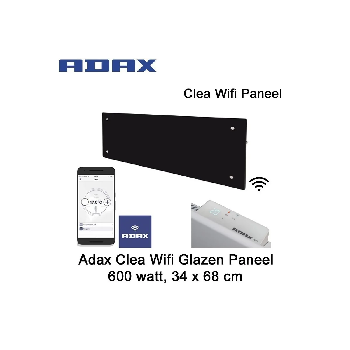 Adax Clea Wifi Glazen Paneel 600 watt 34 x 67,6 cm zwart Ecodesign|Luchtreinigeronline
