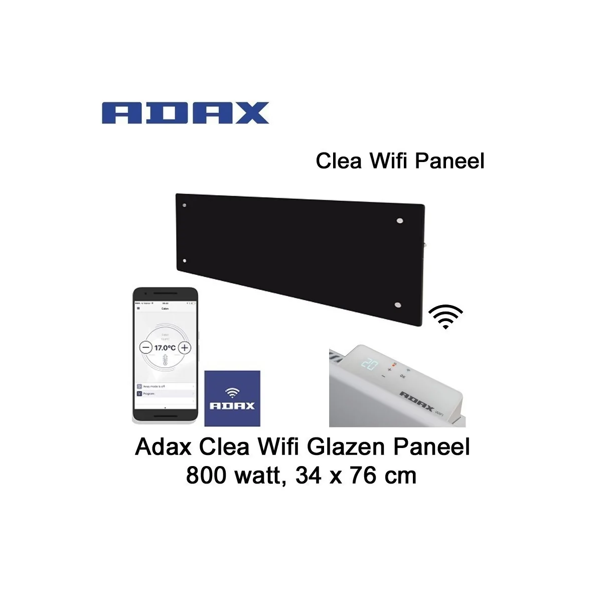 Adax Clea Wifi Glazen Paneel 800 watt 34 x 76 cm zwart Ecodesign|Luchtreinigeronline