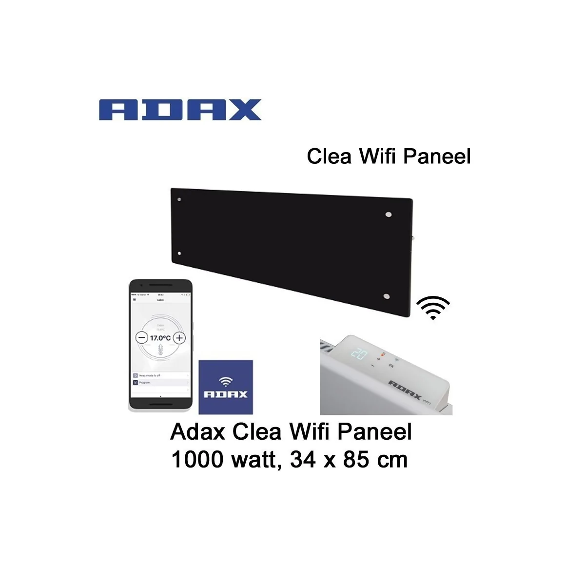 Adax Clea Wifi Glazen Paneel 1000 watt 34 x 85 cm zwart Ecodesign|Luchtreinigeronline
