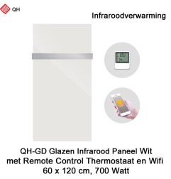 QH-GD Wit glazen infraroodpaneel Wifi 700 Watt, 60 x 120 cm, met 1 handdoekbeugel