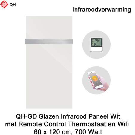 QH-GD Wit glazen infraroodpaneel Wifi 700 Watt, 60 x 120 cm, met 1 handdoekbeugel