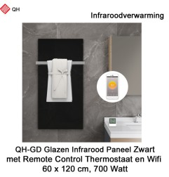QH-GD Zwart glazen infraroodpaneel Wifi 700 Watt, 60 x 120 cm, met 1 handdoekbeugel