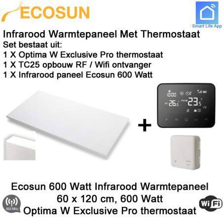 Ecosun Infrarood Paneel 600 Watt 120 x 60 cm, Optima W Exclusive Pro thermostaat met opbouw ontvanger