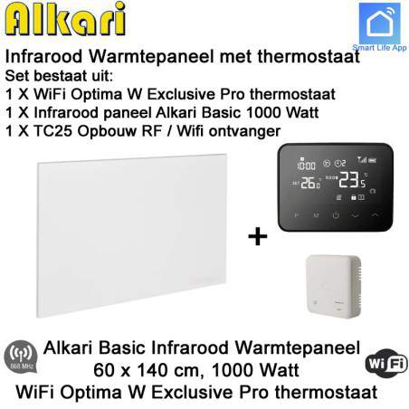 Alkari Basic infrarood paneel 1000 Watt, 60 x 140 cm, Optima W Exclusive Pro thermostaat met opbouw ontvanger
