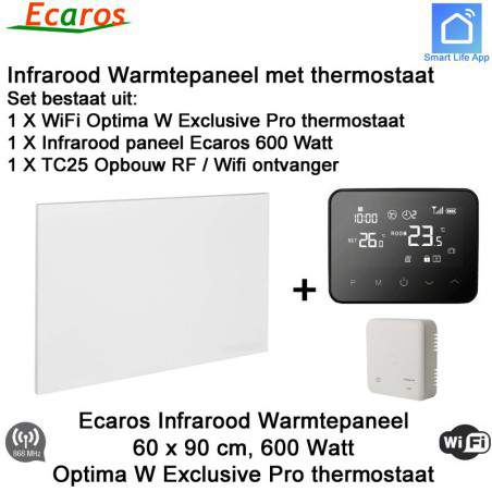 Ecaros Infrarood paneel 600 Watt, 60 x 90 cm, Optima W Exclusive Pro thermostaat met opbouw ontvanger
