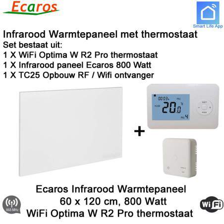 Ecaros Infrarood paneel 800 Watt, 60 x 120 cm, Optima W R2 Pro thermostaat met opbouw ontvanger