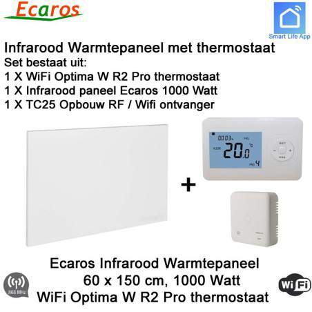 Ecaros Infrarood paneel 1000 Watt, 60 x 150 cm, Optima W R2 Pro thermostaat met opbouw ontvanger