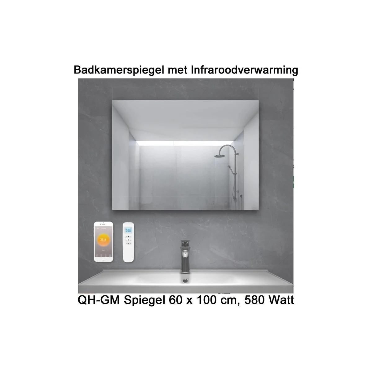 QH-GM Spiegel infrarood verwarming 60 x 100 cm 580 Watt|Luchtreinigeronline