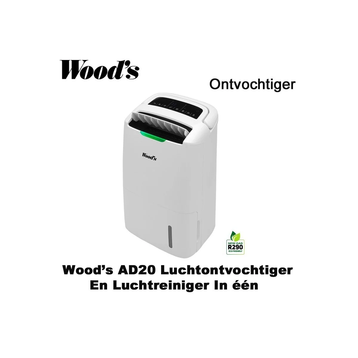 Woods AD20 ontvochtiger en luchtreiniger in één, tot 100m², outlet product|Luchtreinigeronline