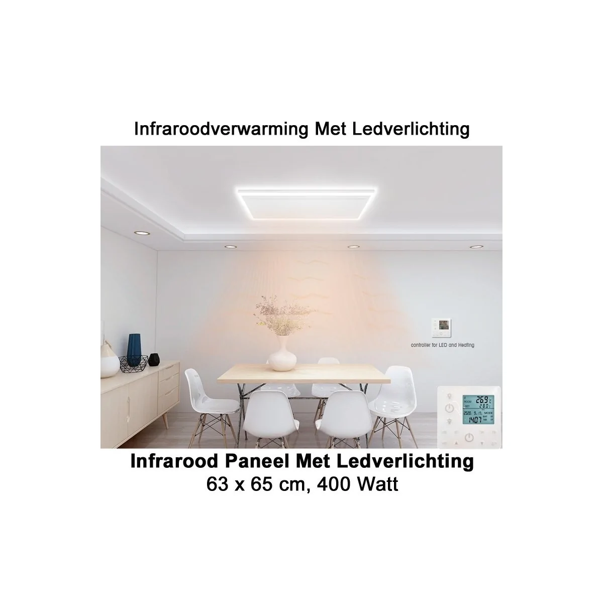 QH-HL Infraroodpaneel 400 Watt met ledverlichting en thermostaat, 65 x 63cm|Luchtreinigeronline