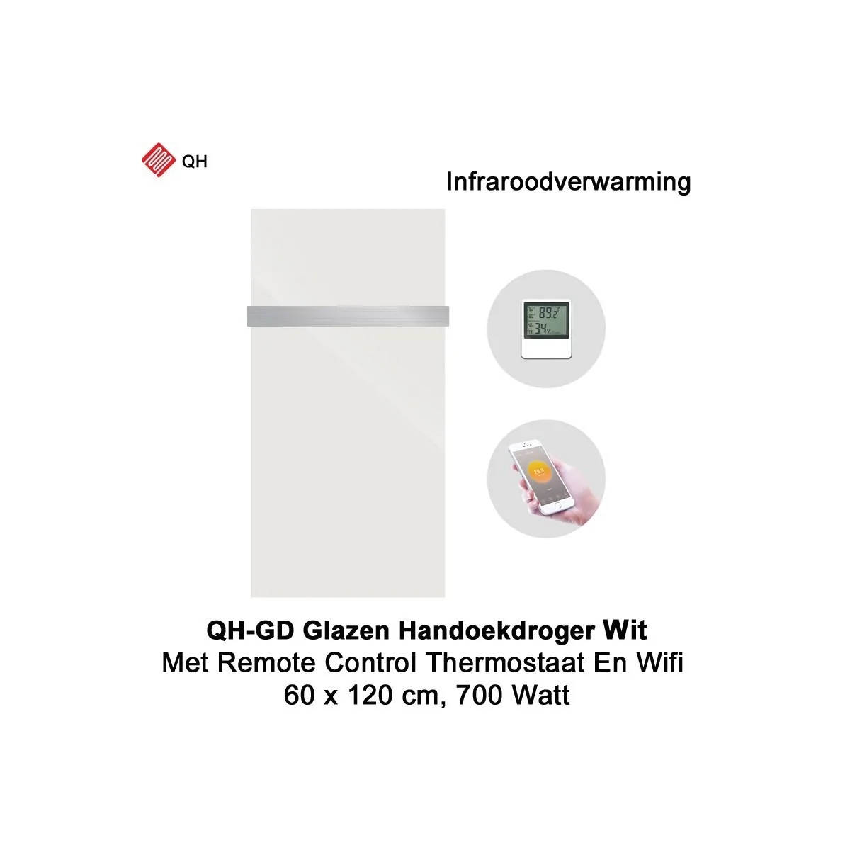 QH-GD Wit glazen infraroodpaneel Wifi 700 Watt, 60 x 120 cm, met 1 handdoekbeugel|Luchtreinigeronline