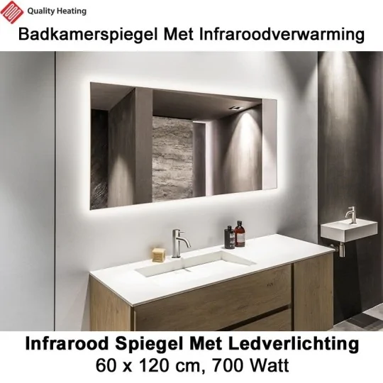 QH Spiegel infraroodverwarming met LED verlichting 60 x 120 cm 700 Watt|Luchtreinigeronline