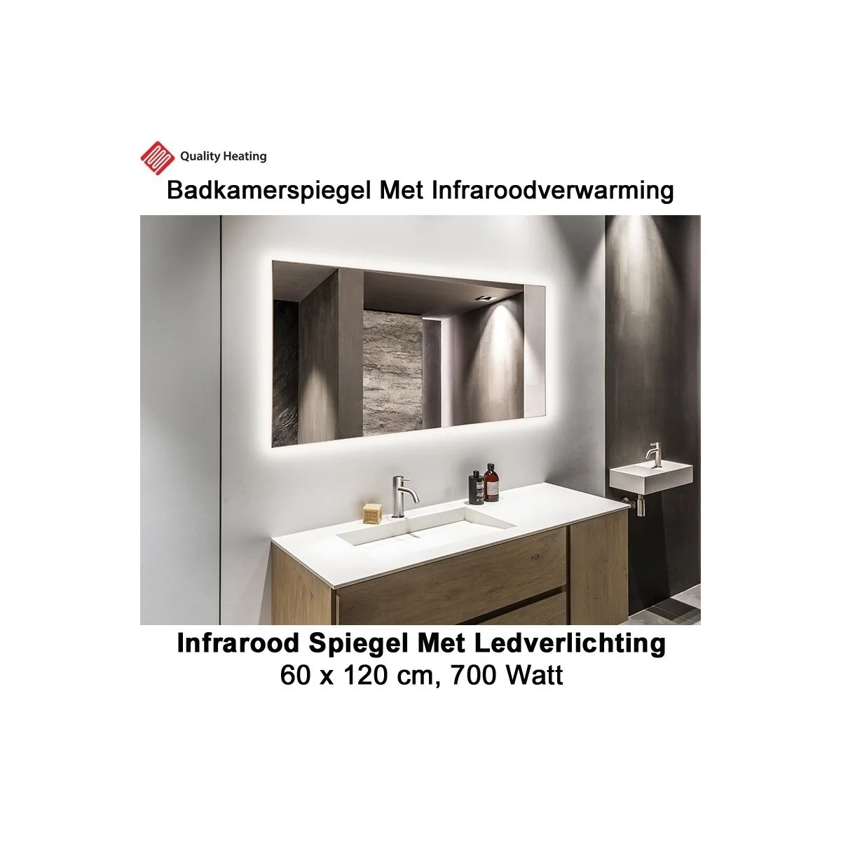 QH Spiegel infraroodverwarming met LED verlichting 60 x 120 cm 700 Watt|Luchtreinigeronline