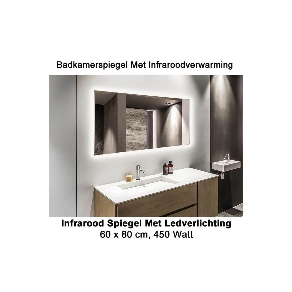 QH Spiegel infraroodverwarming met LED verlichting 60 x 80 cm 450 Watt|Luchtreinigeronline
