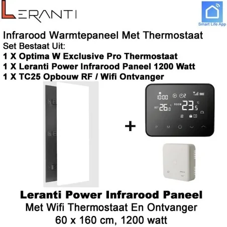 Leranti Power 1200 Watt infrarood paneel met Optima W Exclusive Pro wifi thermostaat en ontvanger