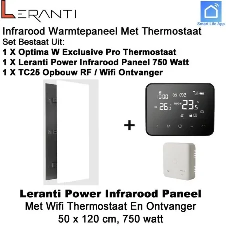 Leranti Power 750 Watt infrarood paneel met Optima W Exclusive Pro wifi thermostaat en ontvanger