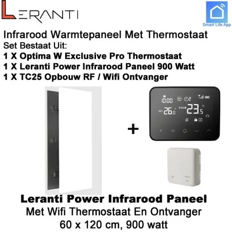 Leranti Power 900 Watt infrarood paneel met Optima W Exclusive Pro wifi thermostaat en ontvanger