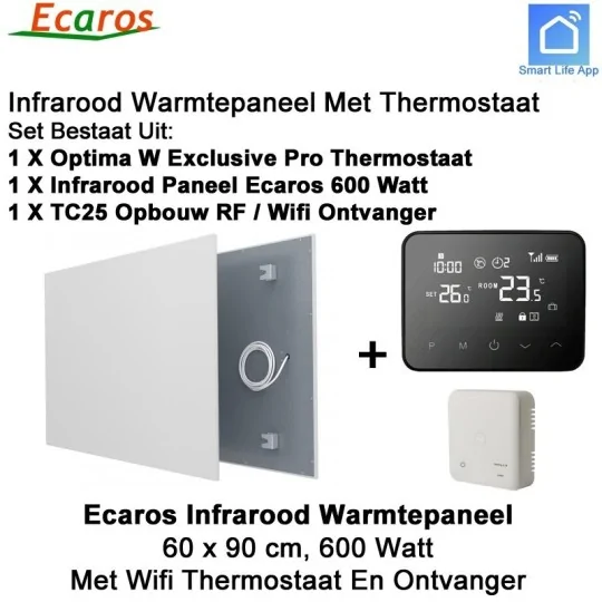 Ecaros Infrarood paneel 600 Watt 60 x 90 cm, met Optima W Exclusive Pro thermostaat en ontvanger Ecaros Infrarood paneel 600 Watt 60 x 90 cm, met Optima W Exclusive Pro thermostaat en ontvanger