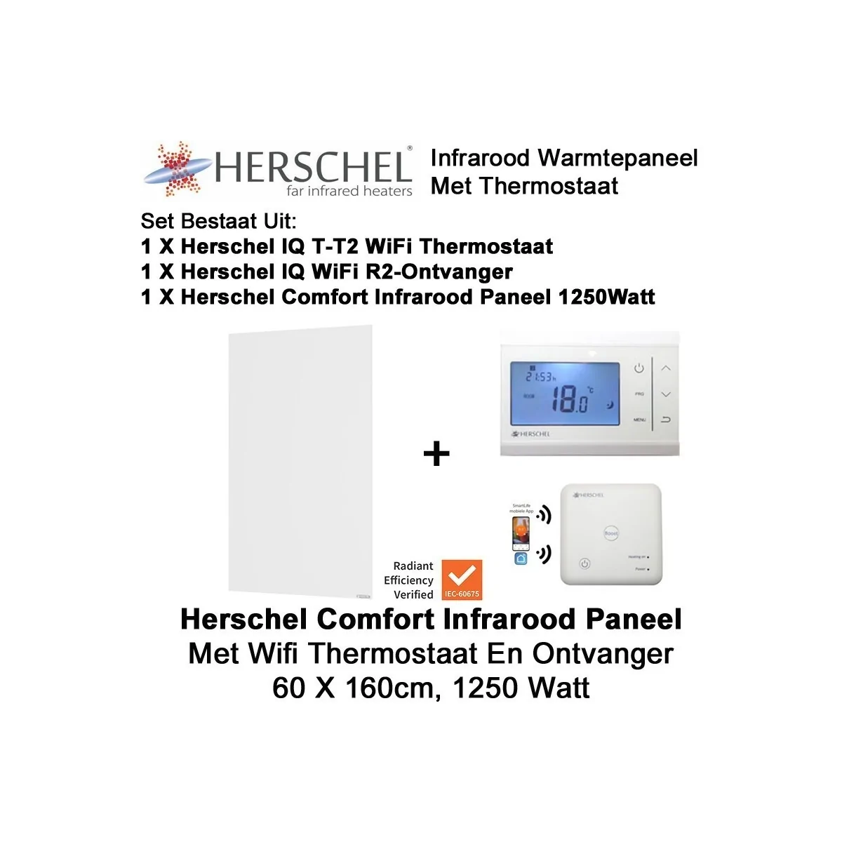 Herschel Comfort infrarood paneel 1250 Watt 60 x 160 cm met thermostaat|Luchtreinigeronline