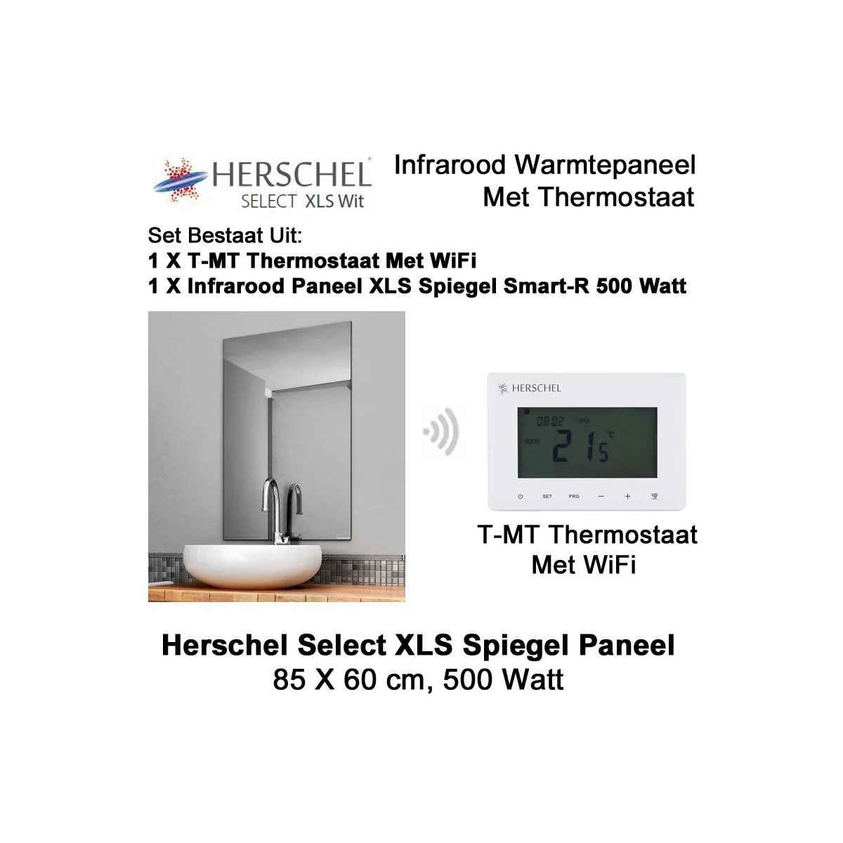 Herschel Select XLS spiegel infrarood paneel met WiFi thermostaat, 500 Watt, 60 x 85 cm|Luchtreinigeronline