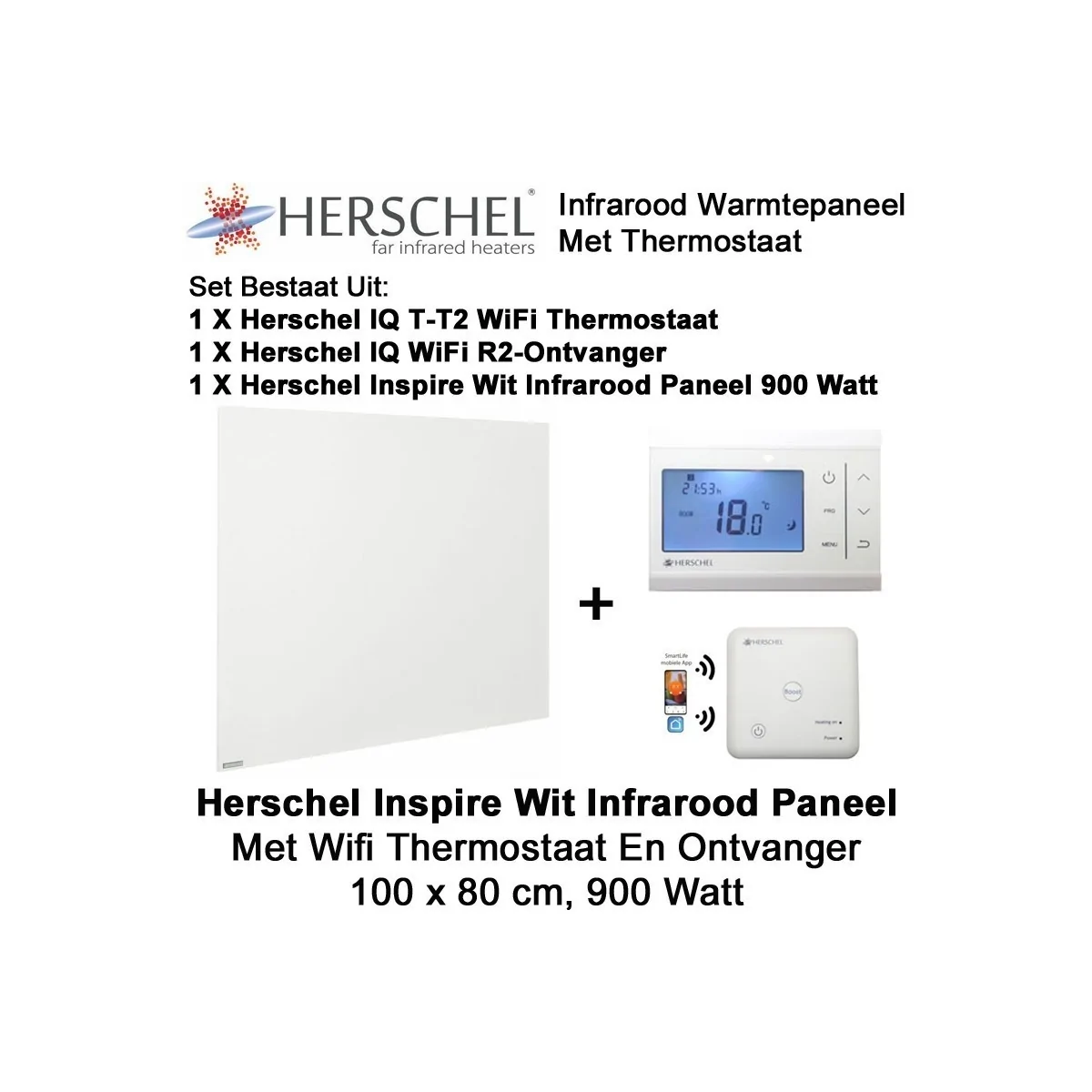 Herschel Inspire wit infrarood paneel met thermostaat, 900 Watt, 100 x 80 cm|Luchtreinigeronline
