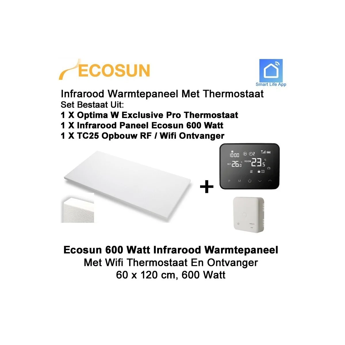 Ecosun Infrarood Paneel 600 Watt 120 x 60 cm, met Optima W Exclusive Pro thermostaat en ontvanger|Luchtreinigeronline