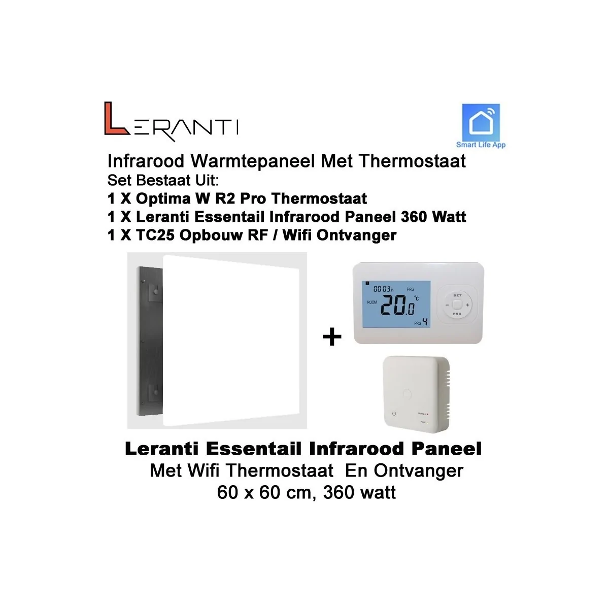 Leranti Essential 360 Watt infrarood paneel met Optima W R2 Pro wifi thermostaat en ontvanger|Luchtreinigeronline