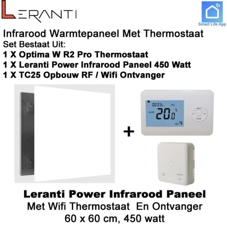 Leranti Power 450 Watt infrarood paneel met Optima W R2 Pro wifi thermostaat en ontvanger