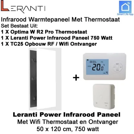 Leranti Power 750 Watt infrarood paneel met Optima W R2 Pro wifi thermostaat en ontvanger