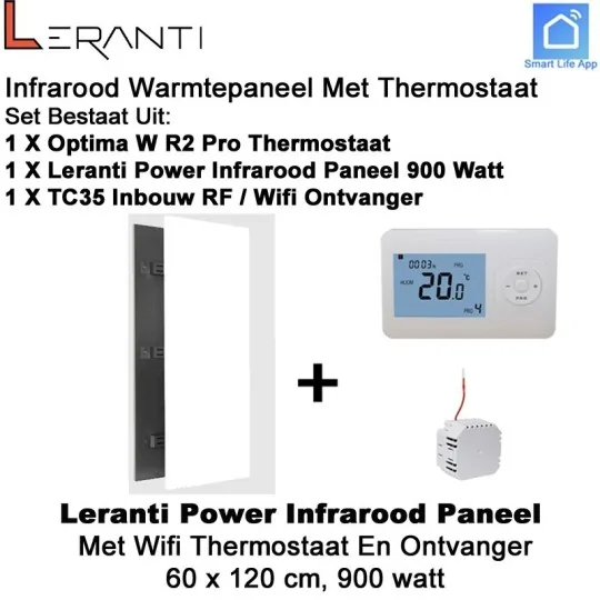 Leranti Power 900 Watt infrarood paneel met Optima W R2 Pro wifi thermostaat en ontvanger|Luchtreinigeronline.nl