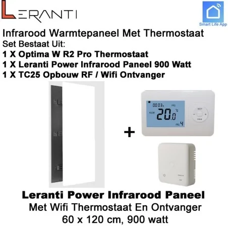 Leranti Power 900 Watt infrarood paneel met Optima W R2 Pro wifi thermostaat en ontvanger