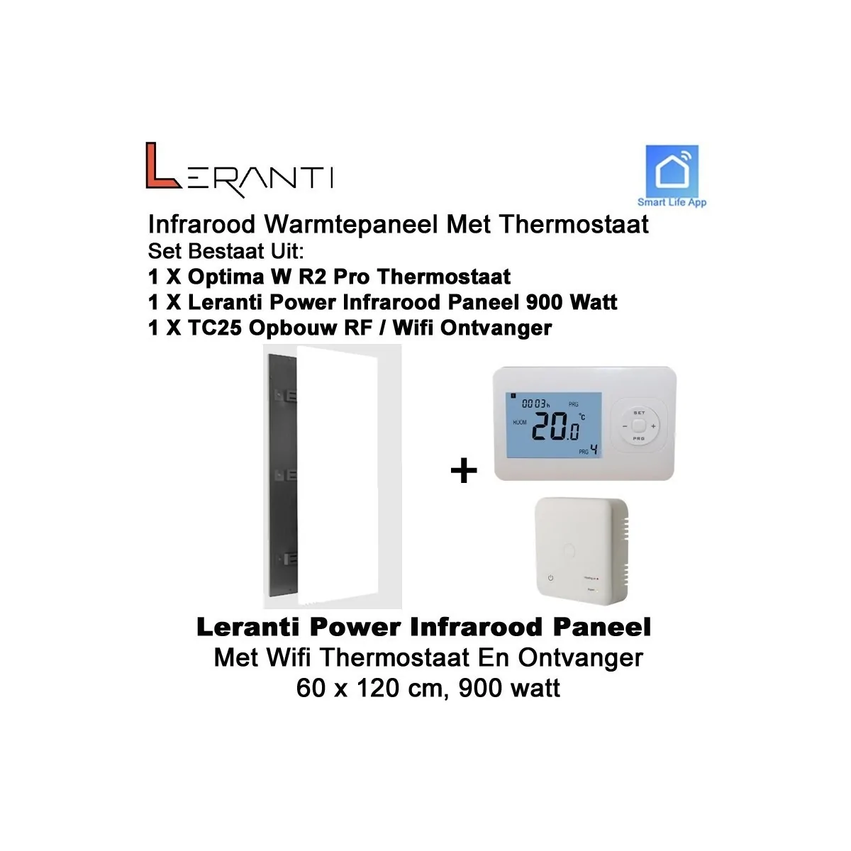 Leranti Power 900 Watt infrarood paneel met Optima W R2 Pro wifi thermostaat en ontvanger|Luchtreinigeronline