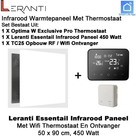 Leranti Essential 450 Watt infrarood paneel met Optima W Exclusive thermostaat en ontvanger