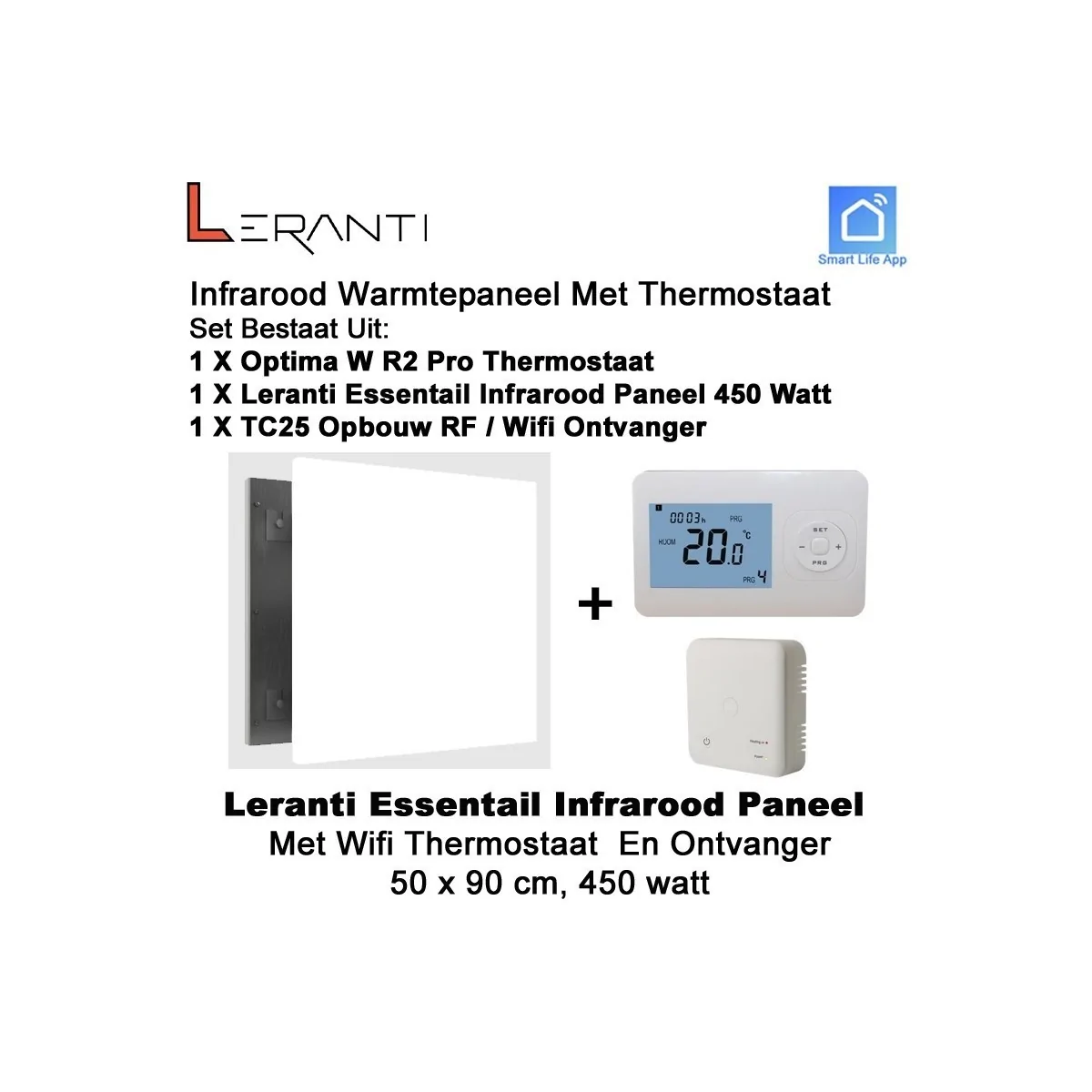 Leranti Essential 450 Watt infrarood paneel met Optima W R2 Pro wifi thermostaat en ontvanger|Luchtreinigeronline
