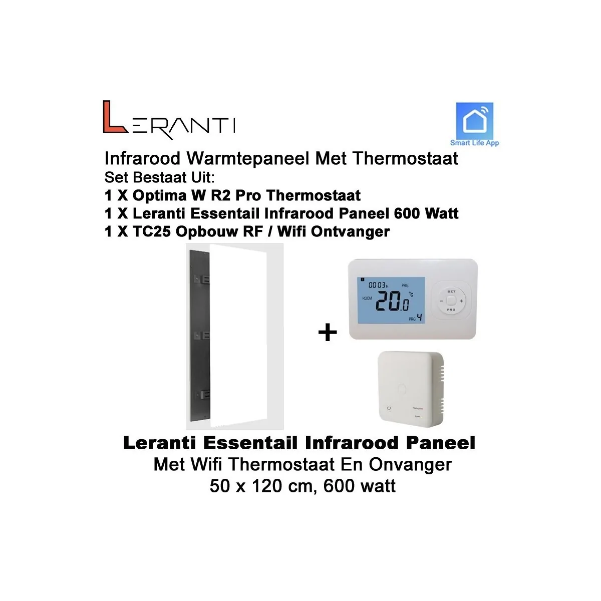 Leranti Essential 600 Watt infrarood paneel met Optima W R2 Pro wifi thermostaat en ontvanger|Luchtreinigeronline