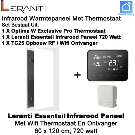 Leranti Essential 720 Watt infrarood paneel met Optima W Exclusive thermostaat en ontvanger