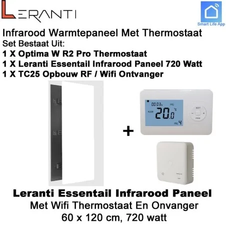 Leranti Essential 720 Watt infrarood paneel met Optima W R2 Pro thermostaat en ontvanger