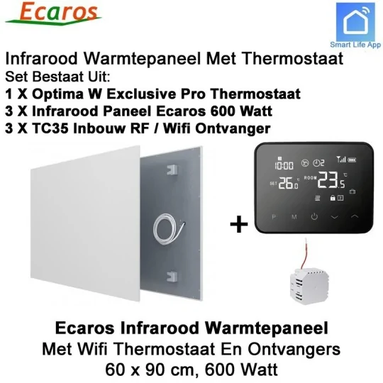 Ecaros Infrarood paneel 600 Watt 60 x 90 cm, met Optima W Exclusive Pro thermostaat en ontvanger|Luchtreinigeronline.nl