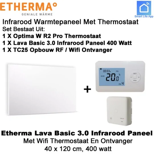 Etherma Lava Basic 3.0 infrarood paneel 400 Watt met Optima W R2 Pro wifi thermostaat en ontvanger|Luchtreinigeronline