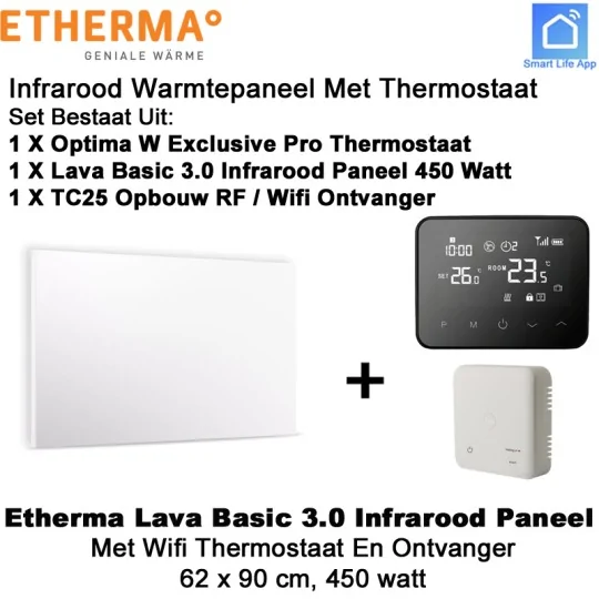 Etherma Lava Basic 3.0 infrarood paneel 450 Watt met Optima W Exclusive Pro wifi thermostaat en ontvanger|Luchtreinigeronline